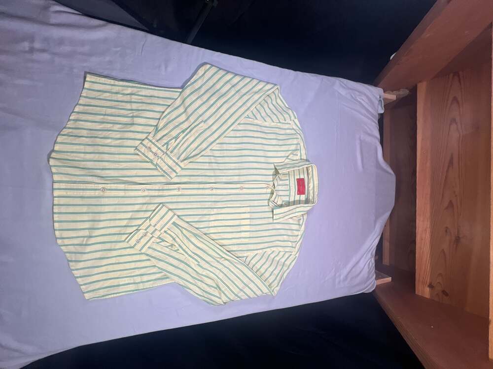Vintage Peter England Yellow and Green Striped Long Sleeve Button-Down Shirt